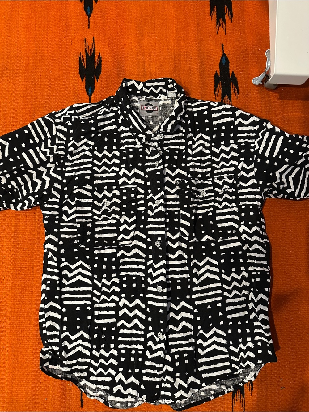 Mudcloth Black & White Patterned Short-Sleeve Button-Up Shirt
